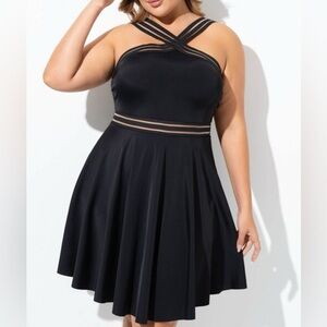 MEET CURVE New Black One Piece Swim Dress Mesh Straps Graceful Plus Size 3X